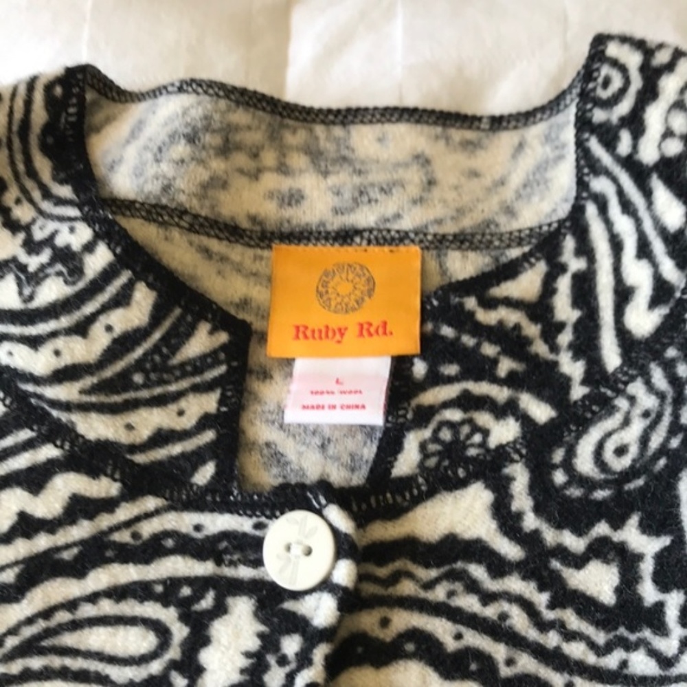 Ruby Rd. Black & White Paisley 100% Wool Cardigan